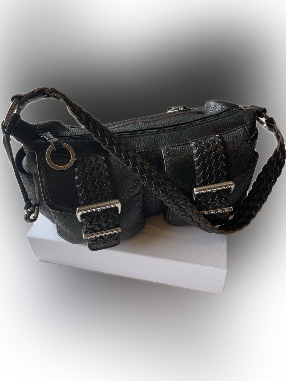Brighton Black Braided Pebble Leather Shoulder Bag with Buckle Accents Pockets